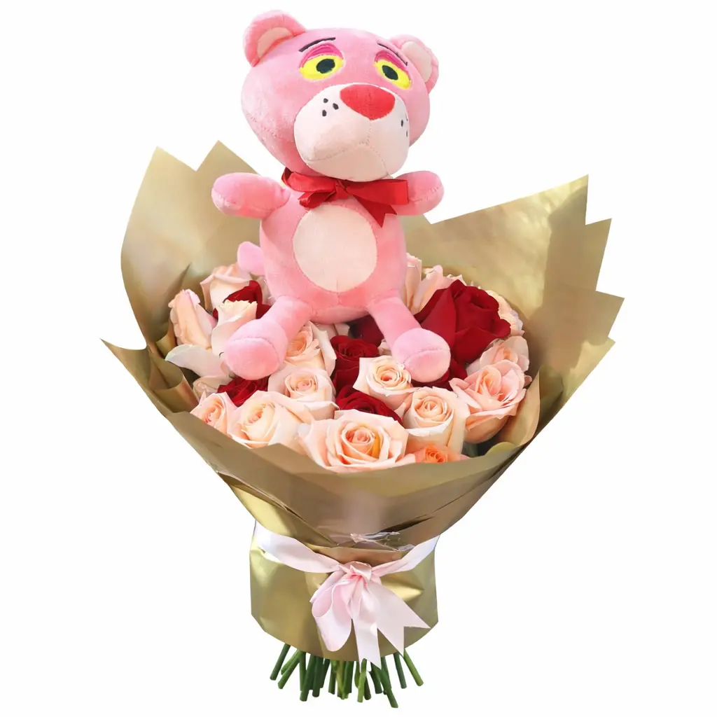 ramo buchón de rosas rojas y rosadas con peluche para regalo romántico delivery de flores en Lima